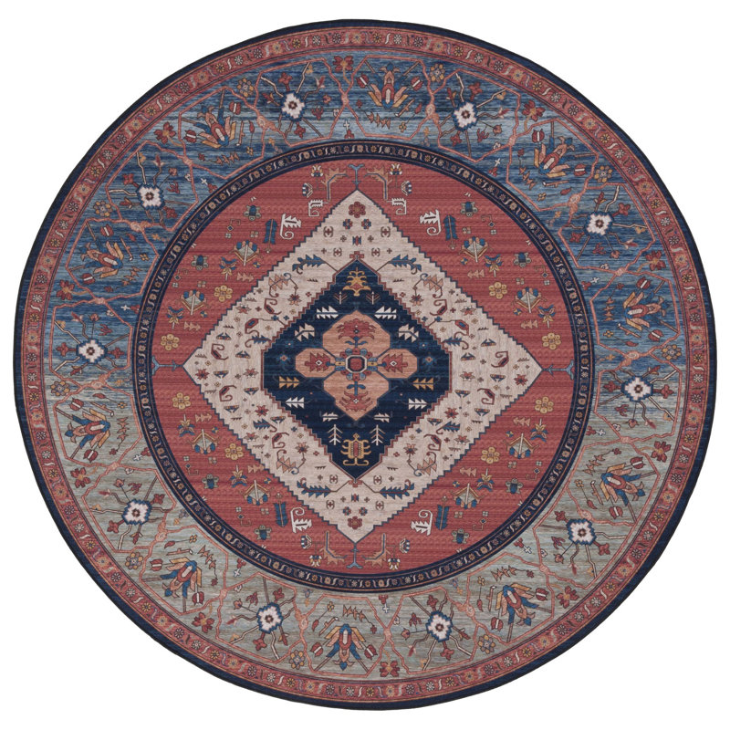 Tucson Heirloom Machine Washable Non-Slip Area Rug In Rust & Blue, Round 183 cm
