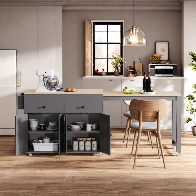 Kitchen Island with Extendable Dining Table, Rolling Cart with Spice Rack & Drawers, Gray