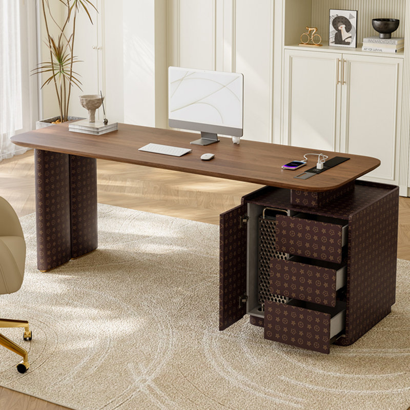 Bureau rectangulaire à 3 tiroirs en bois manufacturé brun noisette + brun, Retour à droite