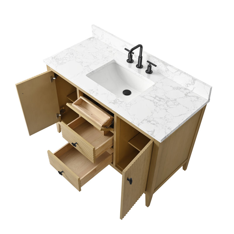 Ensemble de meuble-lavabo autoportant à simple cuve 48 po avec plateau en marbre Lavallon, Chêne naturel linéaire, Noir mat