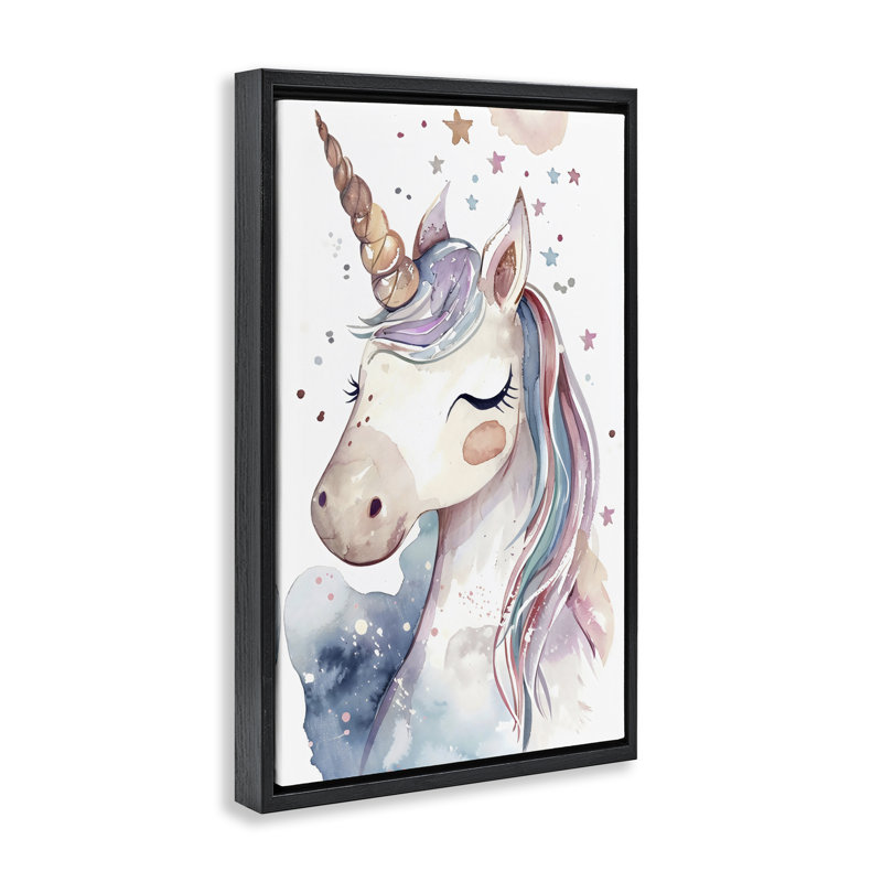 Mignonne licorne sous un cadre flottant sous les étoiles, design Creative Studio, Cadre flottant noir de jais