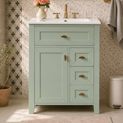 Meuble-lavabo de 24 po avec lavabo, panneau de fibres à densité moyenne et bois d'hévéa, 3 tiroirs et armoire avec support de rangement à 2 niveaux, porte et tiroirs à fermeture en douceur, conception moderne pour les petites et moyennes salles de bain