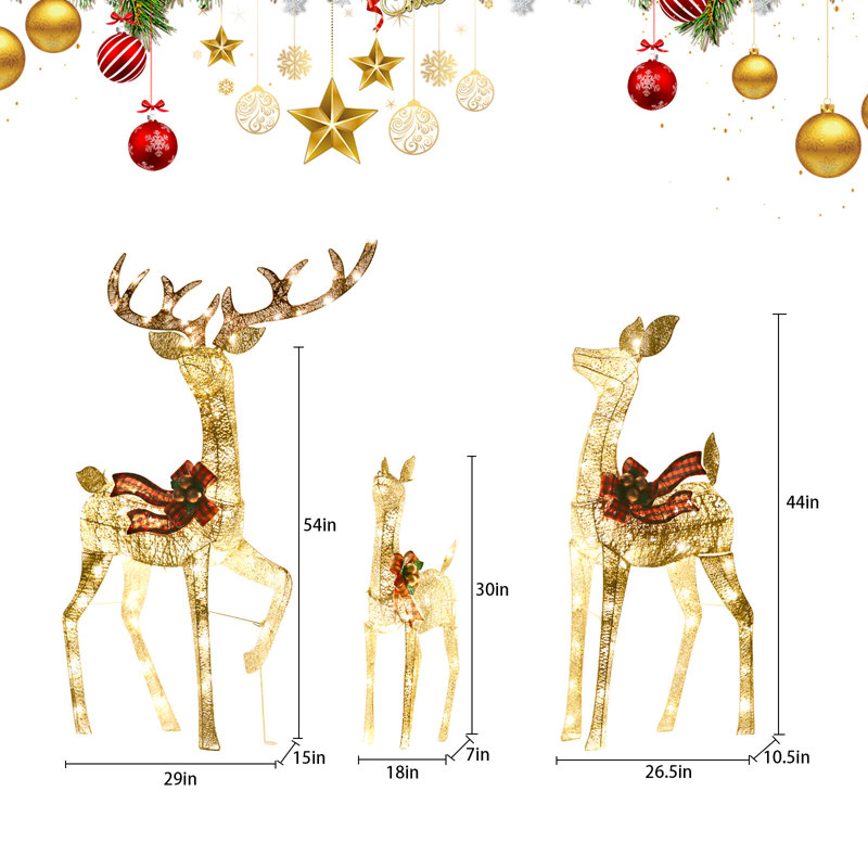 Décoration de Noël illuminée, ensemble de famille de rennes de 3 pièces, pour Noël