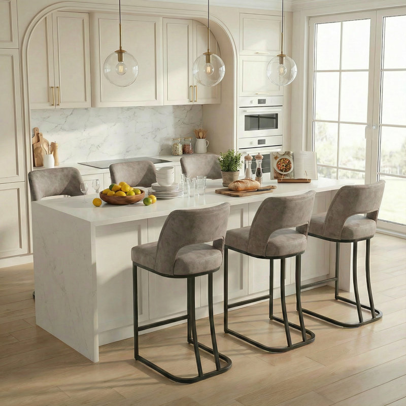 Modern Counter Height Barstools with Cutout Back, Comfy Faux Leather Kitchen Island Stool with Metal Frame, Set of 6, Taupe