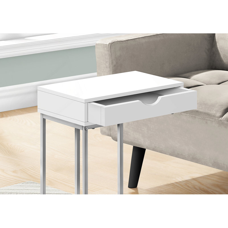 Table d'appoint, en forme de C, bout, côté, collation, tiroir de rangement, stratifié blanc, métal gris, Blanc, Argent