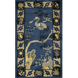 Antique Floral Chinese Crane Design Wool Hand Knotted Scatter Rug