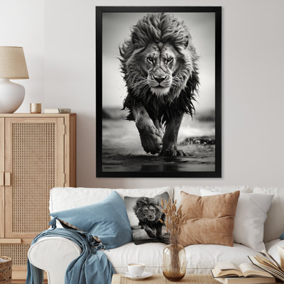 Lysbeth, lion noir et blanc qui court en Afrique, reproduction d'art sur toile