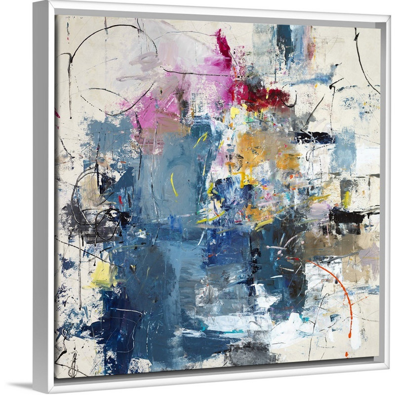 « justified play time », peinture sur toile, H 21,7 po x l 21,7 po x P 1,75 po, Cadre flottant blanc