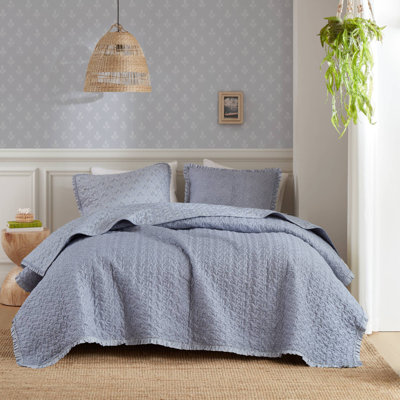 Linwood Blue Ruffle Printed 3-Piece Queen Quilt Set