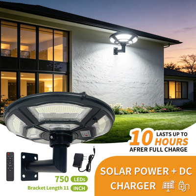16.5 Inch Outdoor Street Light with Wall-Mount L Bracket, 750 LEDs Solar Lamp Post Light, Solar Powered & DC Charging, IP65 Waterproof