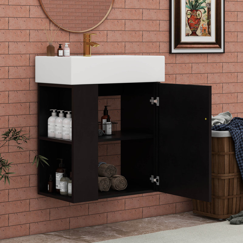 Meuble-lavabo flottant moderne avec lavabo en céramique, rangement à gauche, Noir