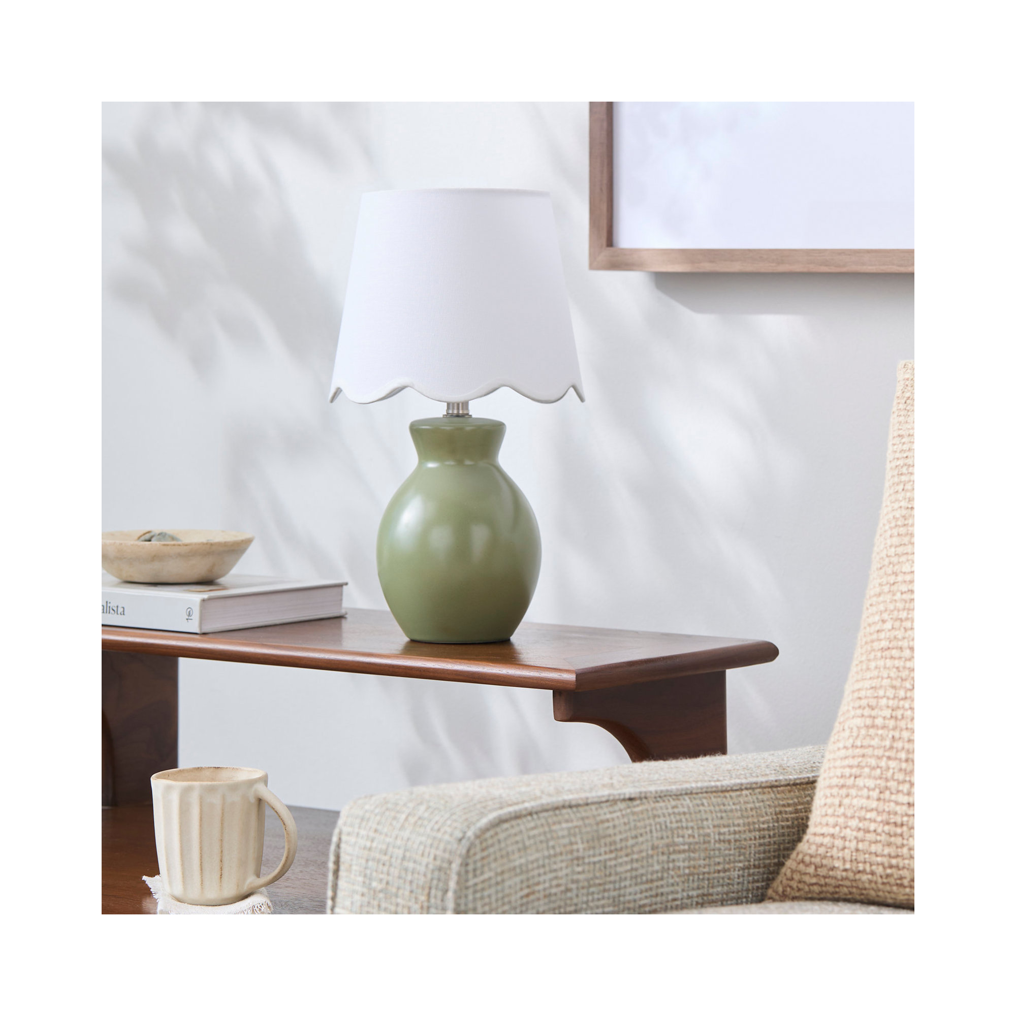 Momsen Scallop Shade Lamp, 15"" H x 8"" W x 8"" D, Khaki, White Twill