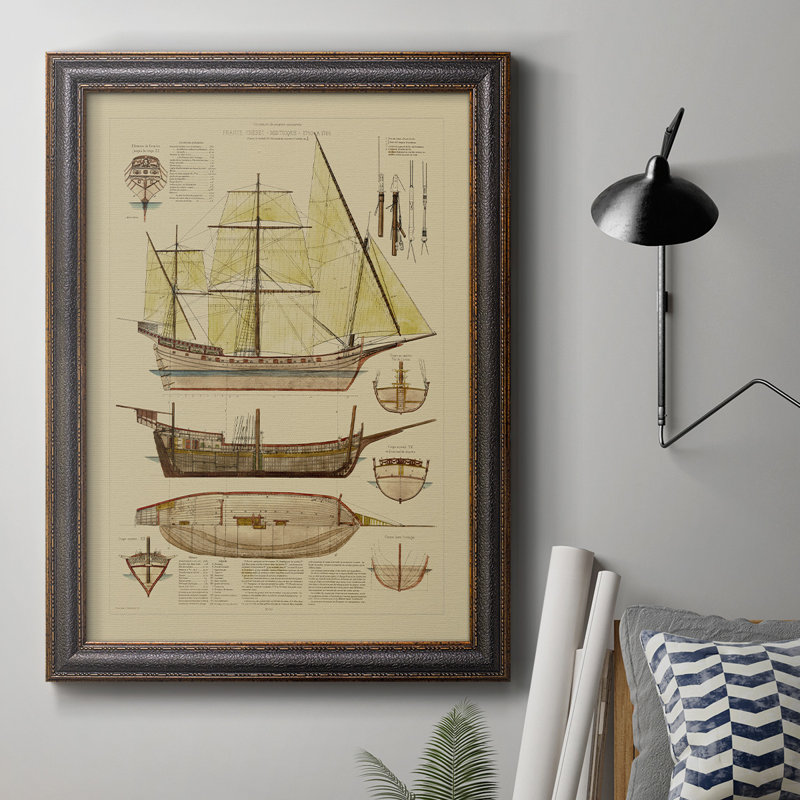 Toile encadrée de qualité supérieure Antique Ship Plan II - prête à être accrochée, H 20 po x l 16 po x P 2,5 po