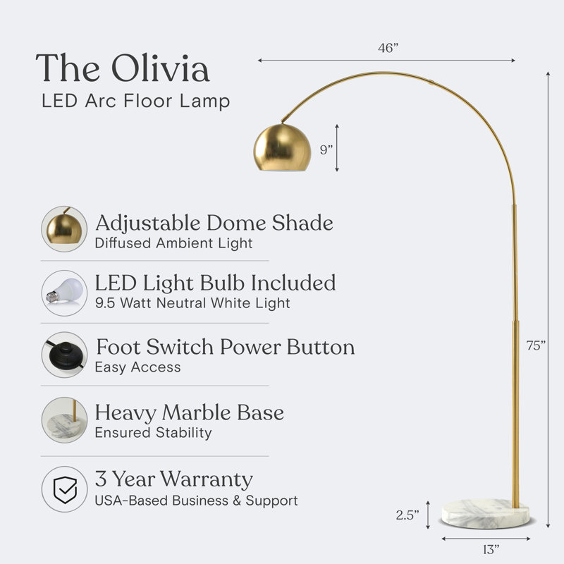 Adjustable Brass Arc Floor Lamp with Marble Base