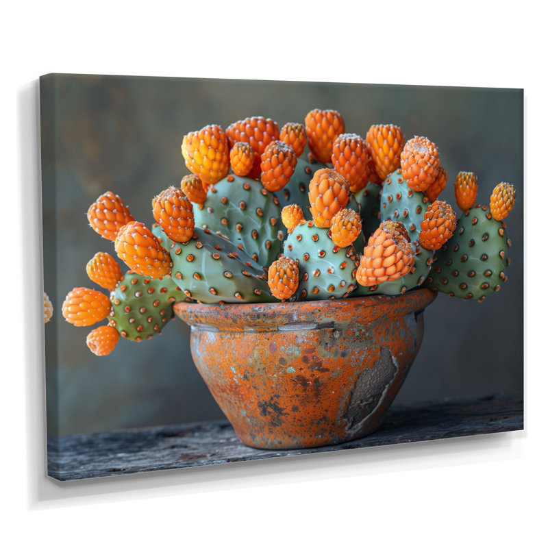 Photo monochrome orange et vert de Cactus dans un vase I - Cactus, art mural, H 24 po x l 32 po x P 1 po, Toile tendue