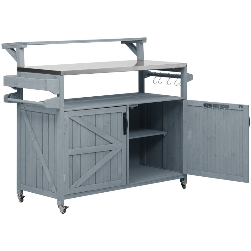 Chariot d'extérieur en bois de sapin massif avec tablette surélevée et porte-serviettes amovible moderne, Bleu gris