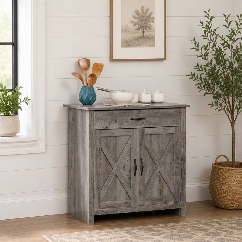 Buffet, armoire de cuisine style porte de grange, armoire d'appoint