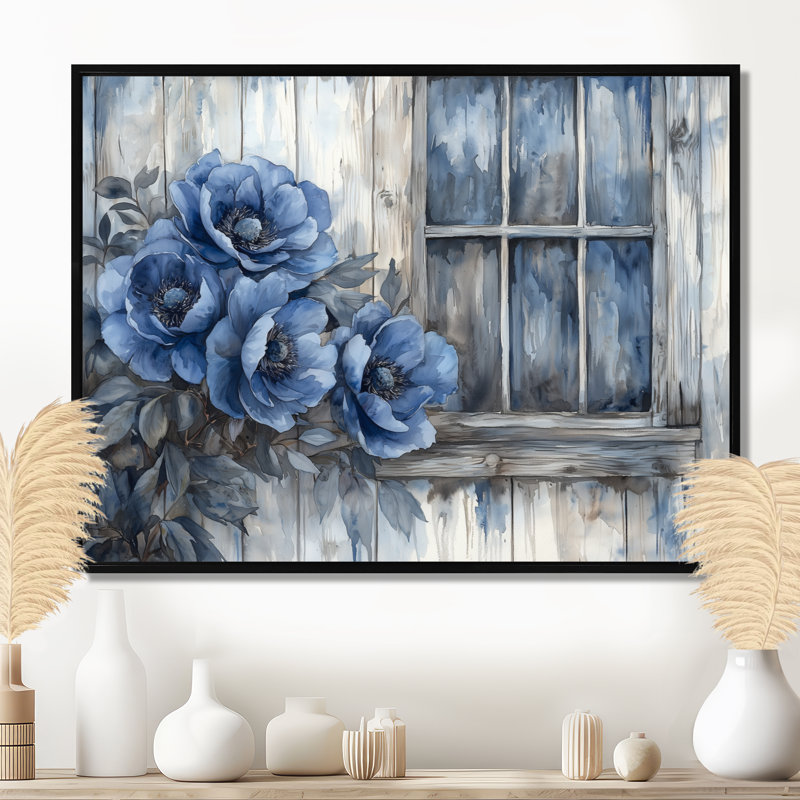 Pivoines bleues par la clôture de la ferme - pivoines, art mural, H 30 po x l 40 po, Avec cadre, Noir, noir, noir, noir