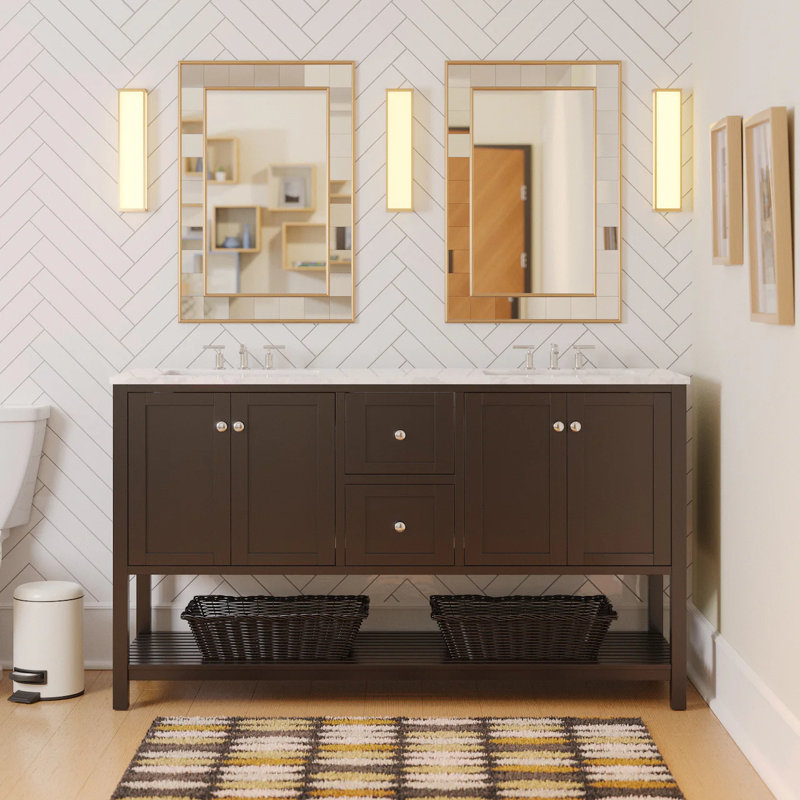 Ensemble de meuble-lavabo double 60 po Binne, Chocolat, Marbre de Carrare