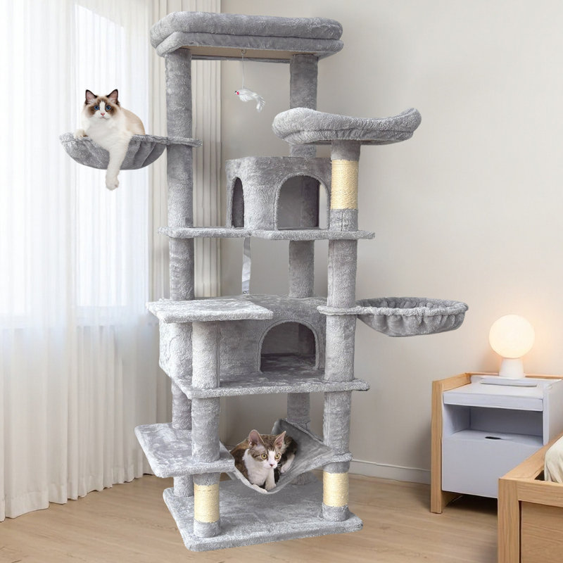 Arbre à chat 68 po à plusieurs niveaux avec poteau à griffer et hamac perchoir en sisal pour chat, Gris