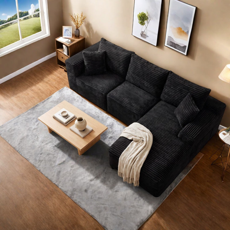Canapé de coin moderne en velours côtelé, 103,9 pouces, forme L., Noir
