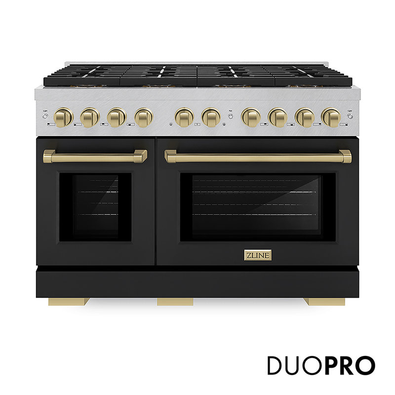 ZLINE Autograph Edition 48 in. 6.7 cu. ft. Paramount Dual Fuel Range W/ 8 Burner DuoPro Cooktop and Dual Ovens in Satin Stainless Steel W/ Black Matte Doors and Champagne Bronze Accents