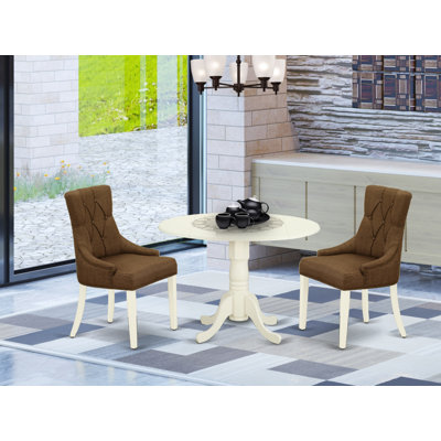 3 Piece Dining Room Furniture Set Contains a Round Dining Table with Dropleaf and 2 dark coffee Linen Fabric Upholstered Chairs, Linen White