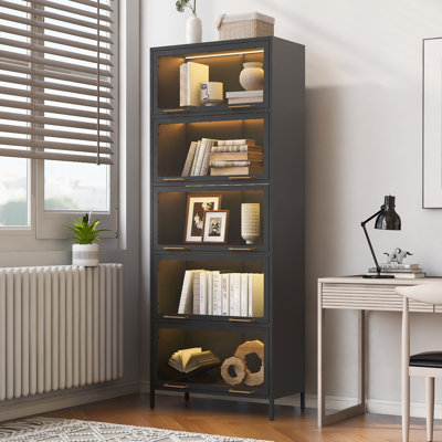 Iron Display Cabinet With Glass Doors, 5-Tier Steel Barister Bookcase With LED Lights