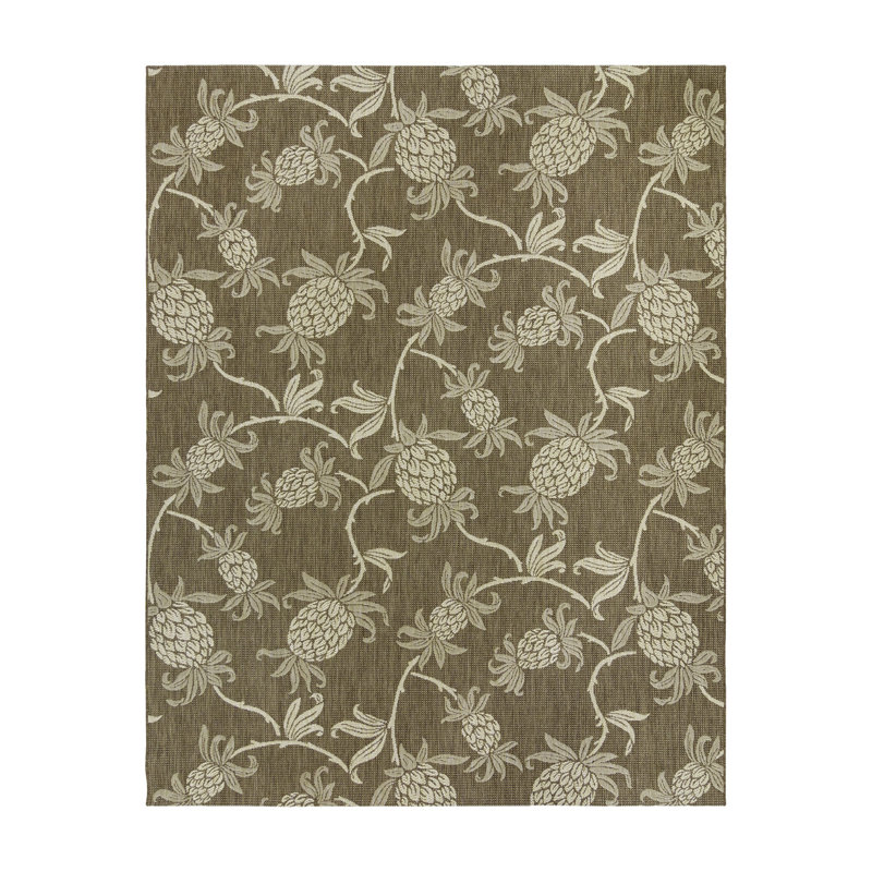 Reyn Spooner Aloha Welcome Tan/Brown/Beige Tropical Pineapple Flatweave Indoor/Outdoor Area Rug, Rectangle 7'10" W x 10' L
