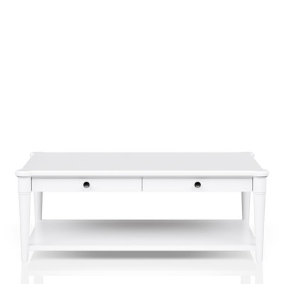 Table basse avec 2 tiroirs de rangement en bois massif blanc et pivotant au design blanc, transitionnel