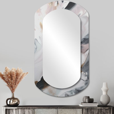 White And Grey Ripples Of Stone II - Marble Asymmetrical Mirror, White Cylinder Decorative Wall Mirror, Printed Metal Art