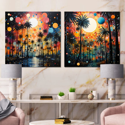Palmiers - pointillisme tropical - ensemble de 2 carrés collage de paysages