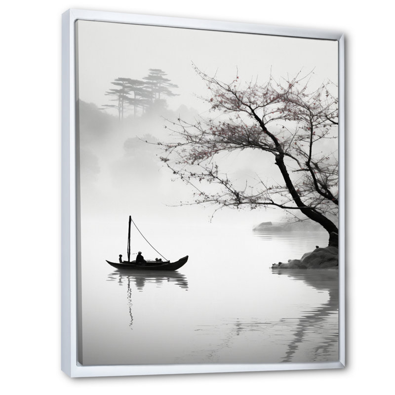 Art asiatique, bateau, monochrome, H 44 po x l 34 po x P 1,5 po, Toile encadrée flottée blanche