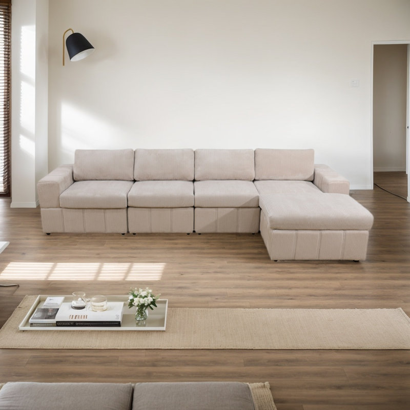 Canapé modulaire 5 pièces Akiak, Velours côtelé beige