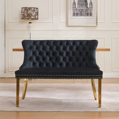 Banc en velours pour causeuse double, sièges de cuisine et de salle à manger, banc capitonné à 2 places avec boutons faits à la main, dossier à oreilles, pieds en acier plaqué or, style Mid-Century moderne, paquet simple, noir