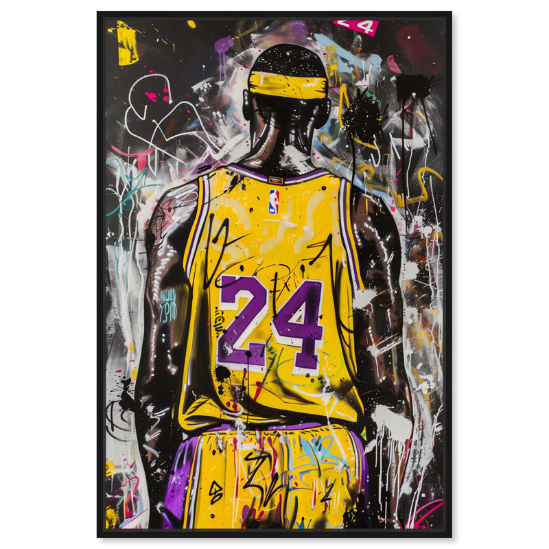 Art mural tendance sur toile jaune graffiti basketball par Notoriart, Cadre noir, H 37 po x l 25 po