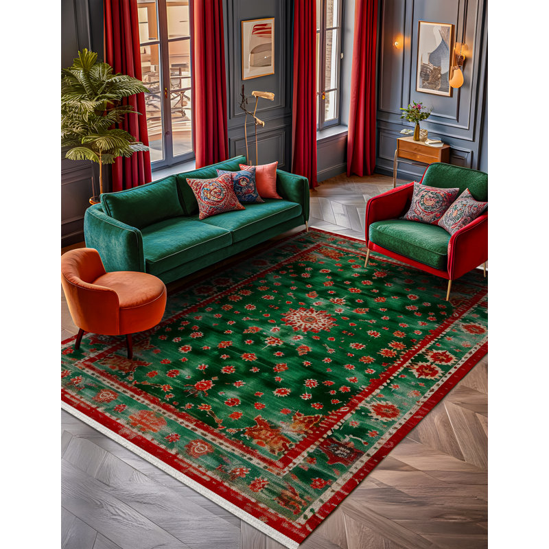 Nouvelle Collection Digital Print Cotton-Polyester Green Oriental Rug, Rectangle 6'7" x 7'3"