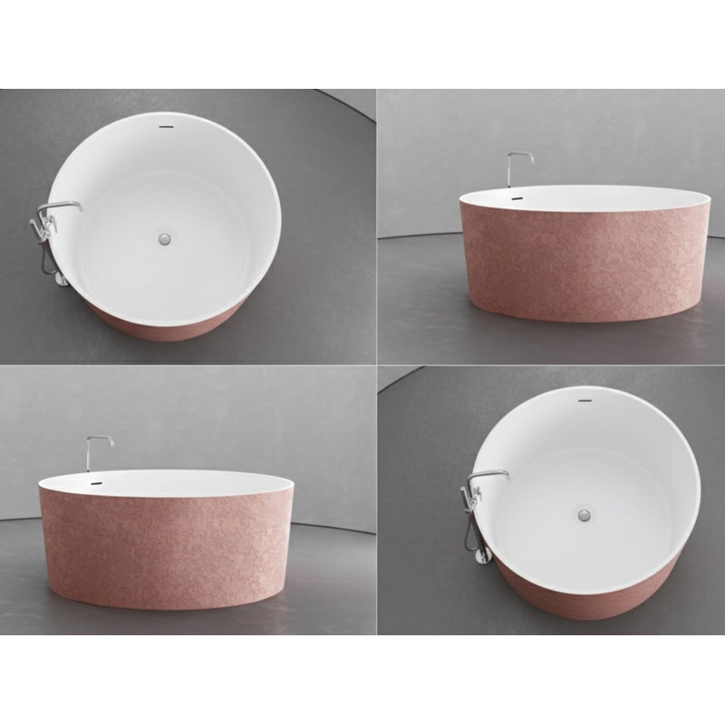 Vast Studio 58.9” Textured Blush Concrete-Blush/White Freestanding Round Bathtub –Deep Soaking Tub with Minimalist Spa-Inspired Modern Design & Seamless Matte Luxury Finish