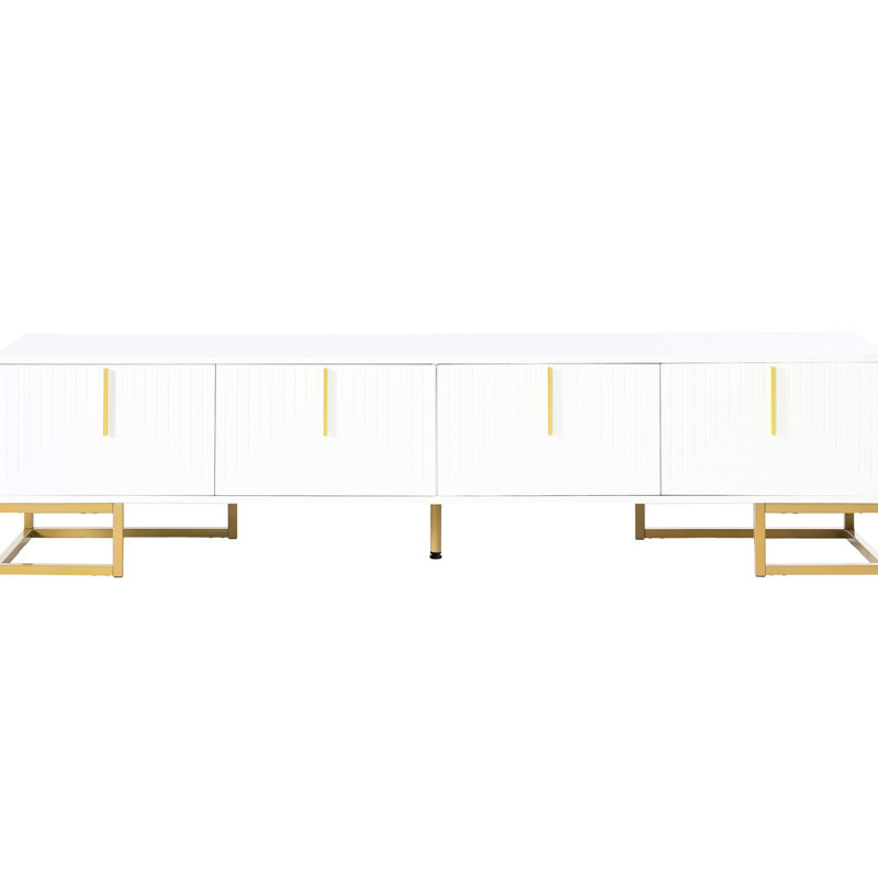 White And Gold Tv Stand With Metal Legs Adjustable Shelves, 80'' Console Geometric Lines Cabinets Patterns Designs Shelves Cabinet