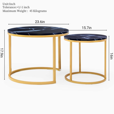 Nesting Coffee Table Set, Circular Design with Golden Frame & Wood Top