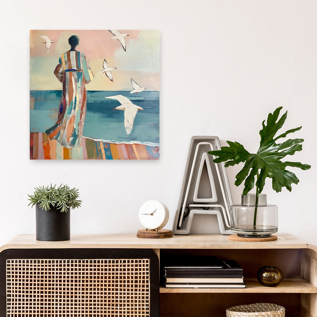 Coastal Woman And Birds Contemporary Modern Seagull Bird Beach Ocean Wall Art Print