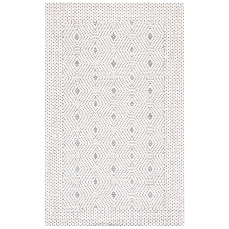 Manya Geometric Handwoven Wool/Polyester Area Rug in White/Blue, Rectangle 5' x 8'
