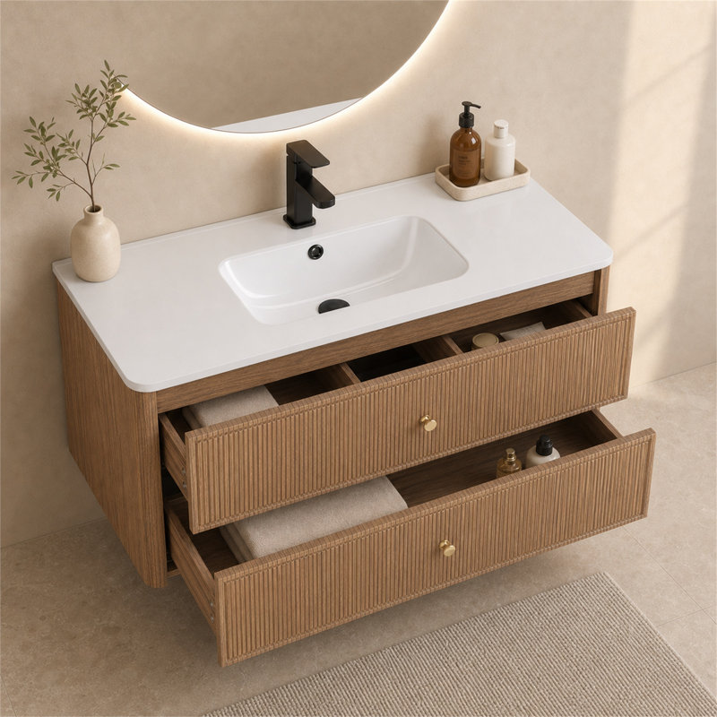 Meuble-lavabo mural simple 36 po avec comptoir d'évier, meuble-lavabo flottant en bois cannelé Mid-Century avec coins arrondis, 2 tiroirs à fermeture en douceur