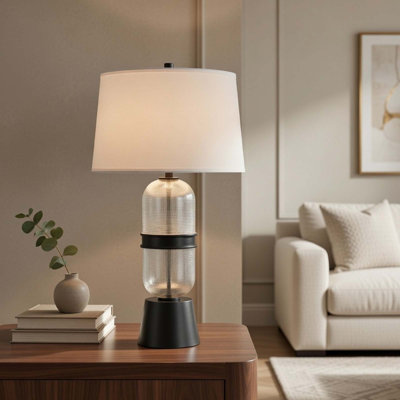 Table Lamp With LED Light, Gray Drum Shade, Frosted Glass Base, 29 Inch