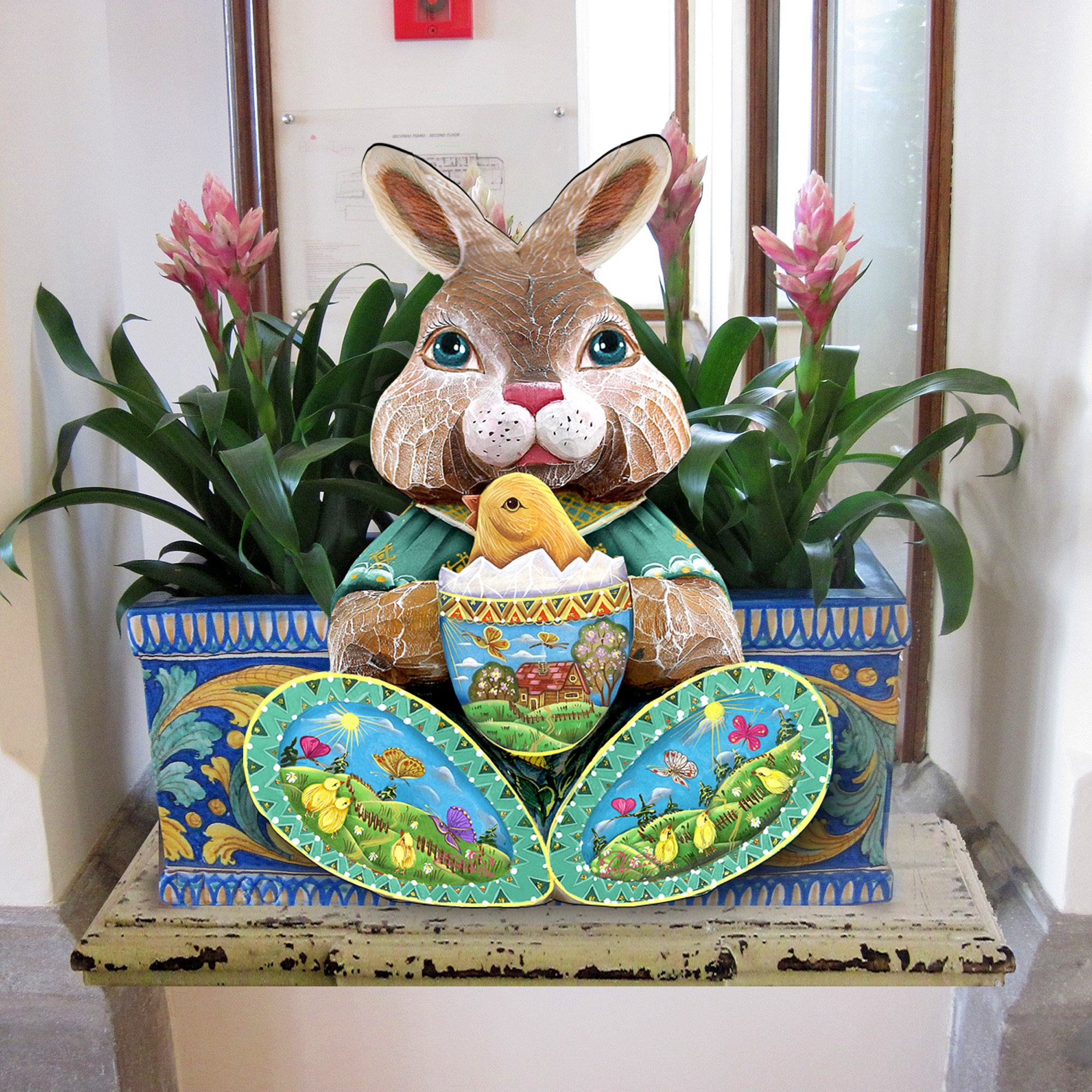 The Holiday Aisle® Easter Bunny Rabbit with Chick Wooden Decorative Hanging Figurine Wood Door Hanger Wall Decor & Reviews | Wayfair