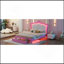 Structure de lit double pleine grandeur avec lumières DEL, lit princesse rembourré moderne avec tête de lit couronne, 2 tiroirs, rose et blanc