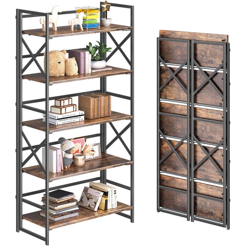 Étagère à livres 5 étages sans assemblage, bibliothèque pliante H 51,2 po