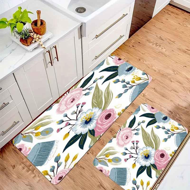 Tapis de cuisine antidérapant à fleurs roses et blanches, 2 pièces