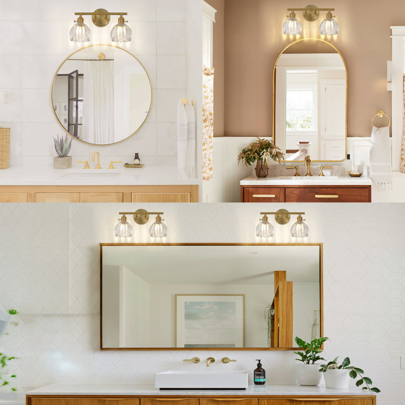 3 - Light Dimmable Bathroom Vanity Light With Tulip-Shaped Glass Shade, Brushed Brass, 9.17" H x 14.9" W x 6.8" D, 2 Lights