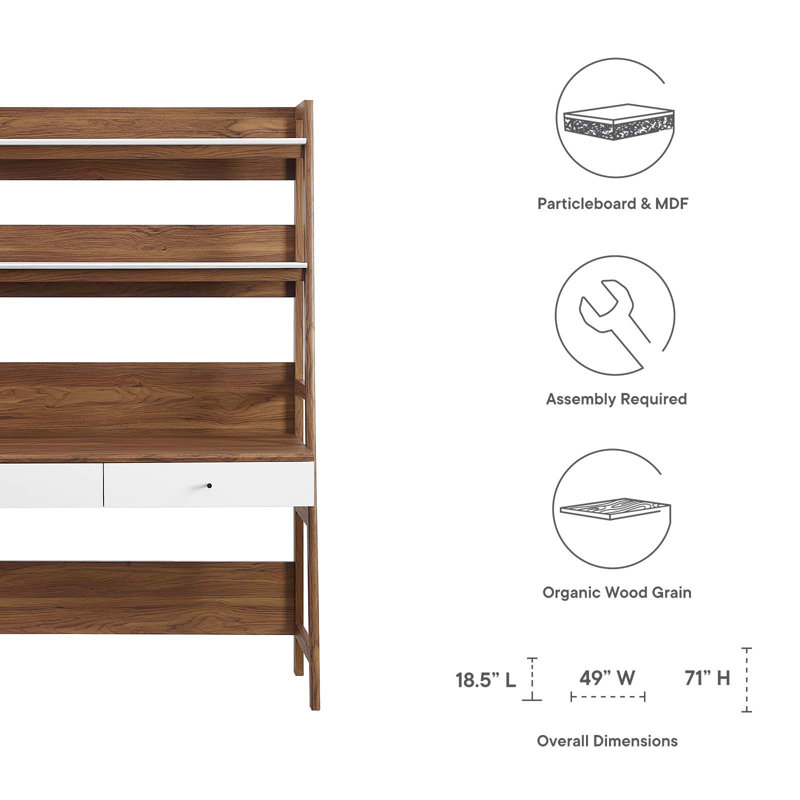 Walnut White Wood Office Desk with Bookshelf and Drawer